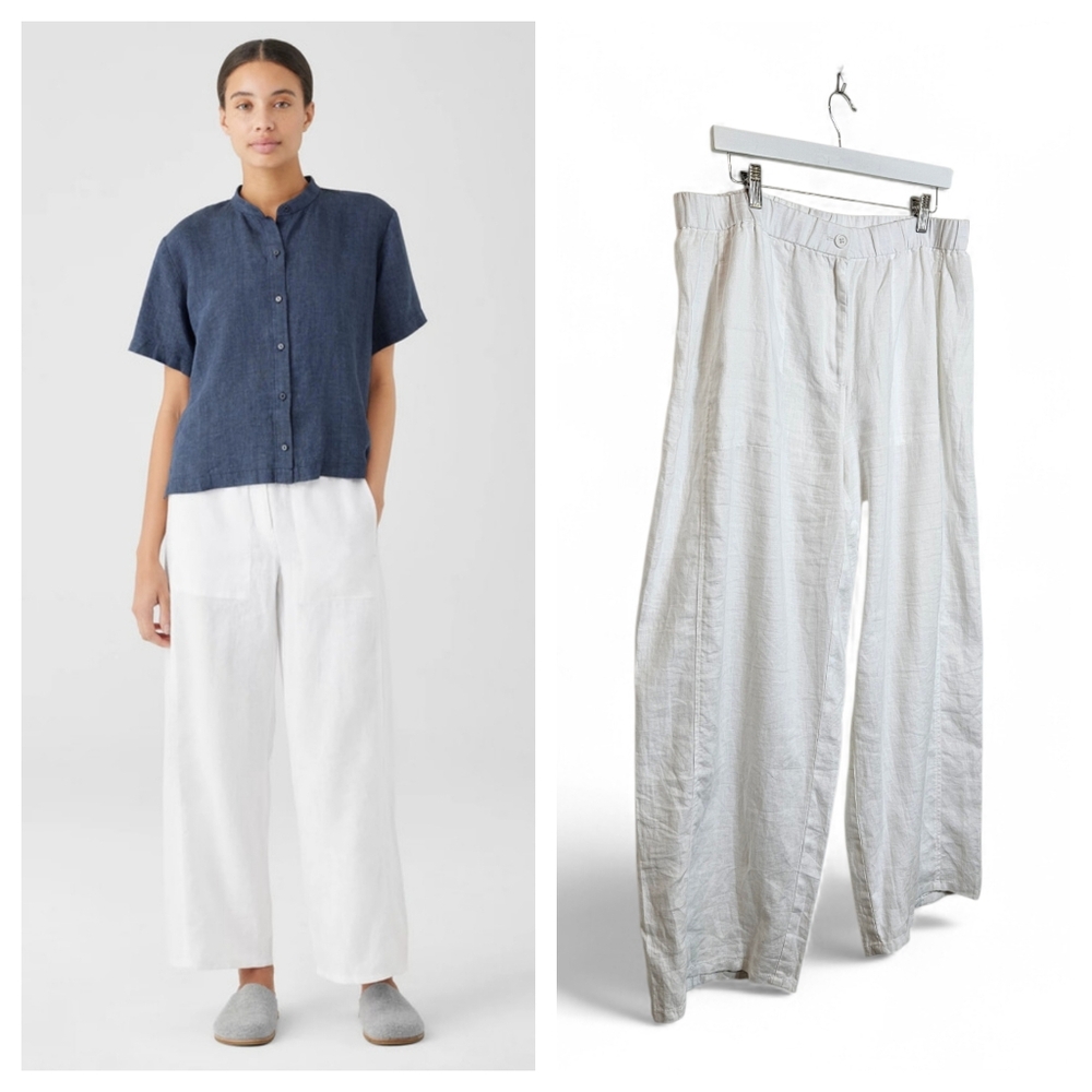 Eileen Fisher Organic Linen Wide Leg Pants White Size L Easy Fit Ankle Trouser